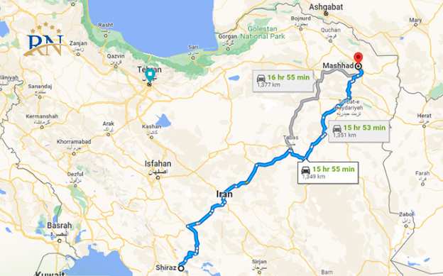 مسافت شیراز تا مشهد با خودروی شخصی